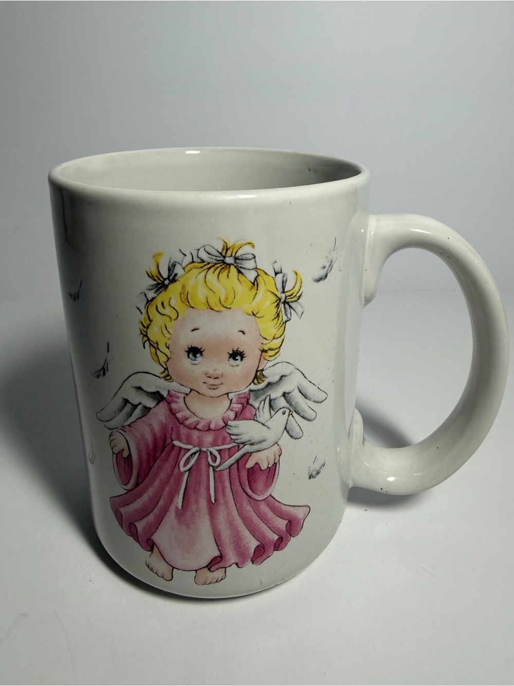 Vintage Ceramic Coffee Mug  Ruth Morehead  Blonde Angel Pink Dress & White Doves